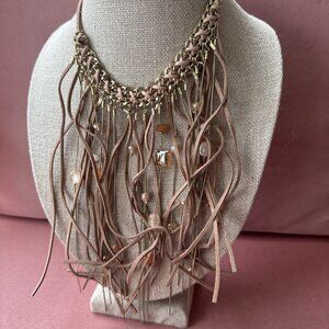 Chicos Brown Leather Fringe Beads Gold Tone 20" Long Bib Statement Necklace NEW